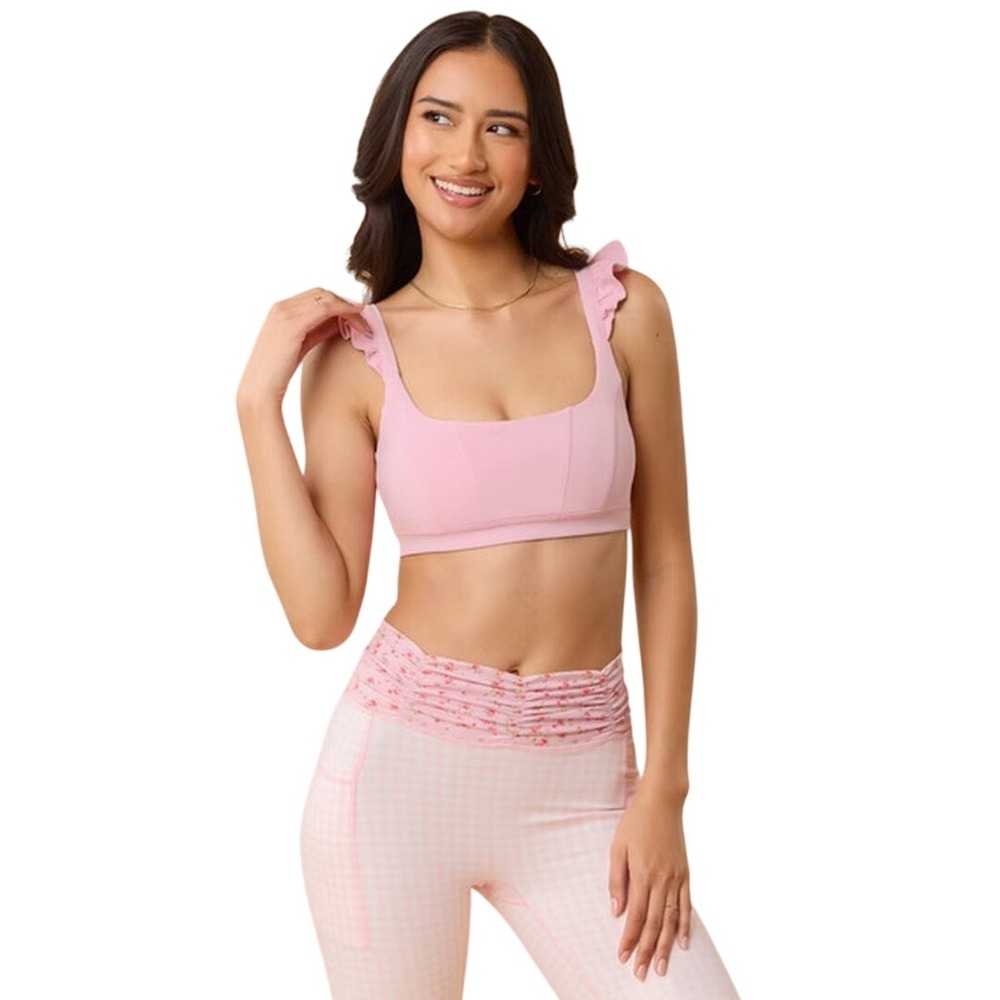 Blogilates Women's Light Pink Ruffle Corset Removable Pads Sports Bra Size M